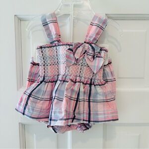 Janie and Jack Pink and Blue Plaid Tunic & Bubble Shorts w Matching Headband